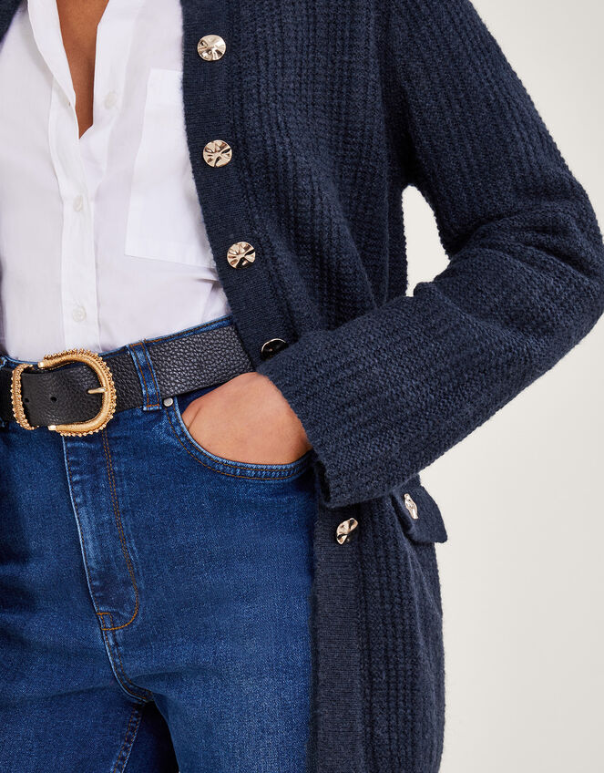 Ribbed Longline Cardigan, Blue (NAVY), large