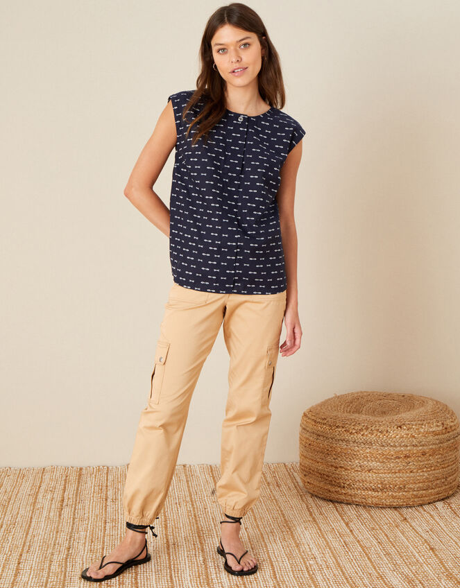 Printed Sleeveless Top, Blue (NAVY), large