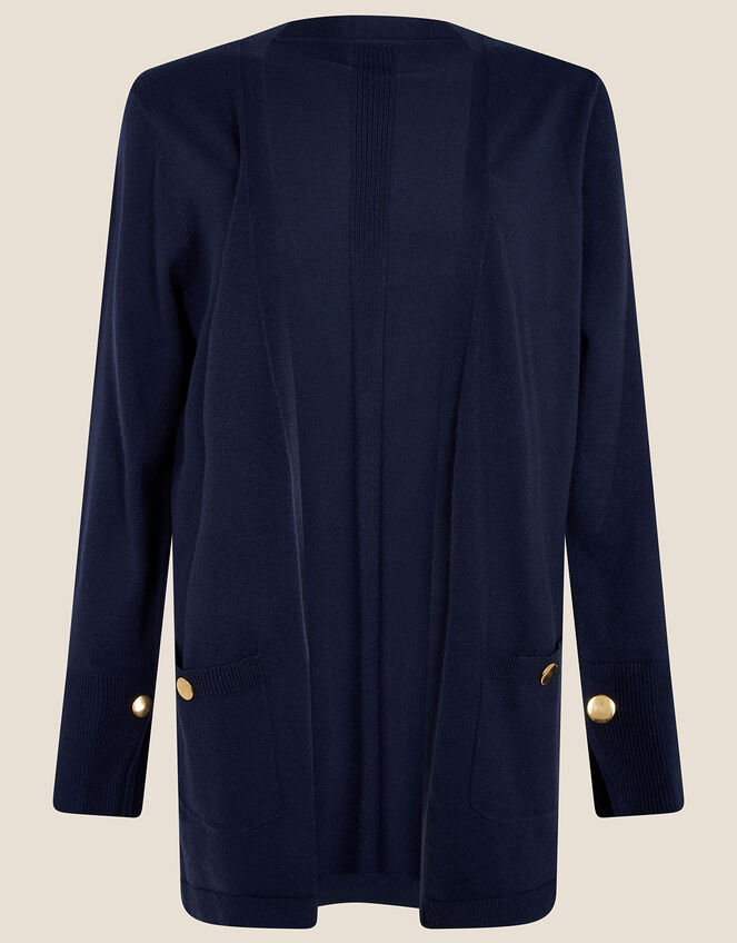 Plain Midi Cardigan with Button Detail Pockets, Blue (NAVY), large