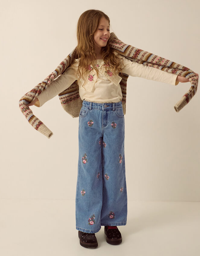 Floral Embroidered Wide Leg Jeans, Blue (BLUE), large