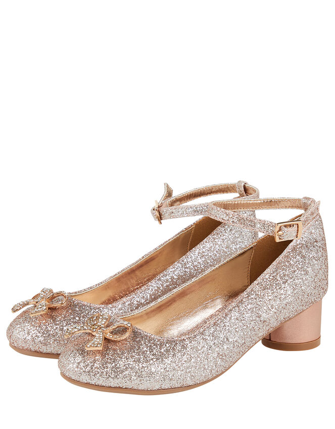 Mika Glitter Diamante Bow Heeled Shoes, Gold (ROSE GOLD), large