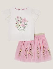 Floral Embroidered T-Shirt and Tulle Skirt Set, Multi (MULTI), large