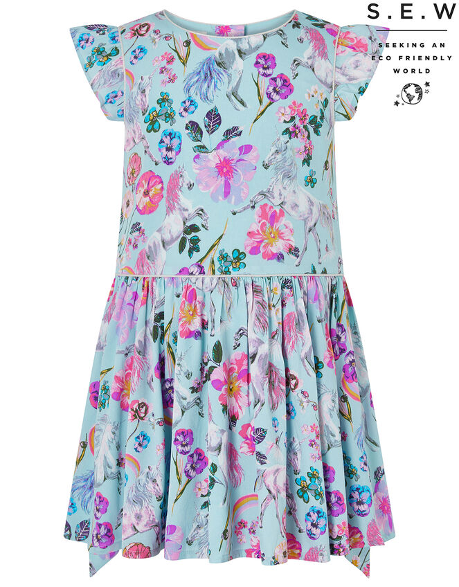 Armelle Unicorn Print Dress in Recycled Polyester, Blue (AQUA), large