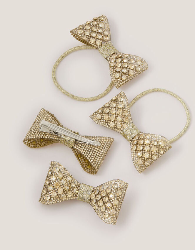 4-Pack Rhinestone Bow Hair Bands & Clips, Gold (GOLD), large