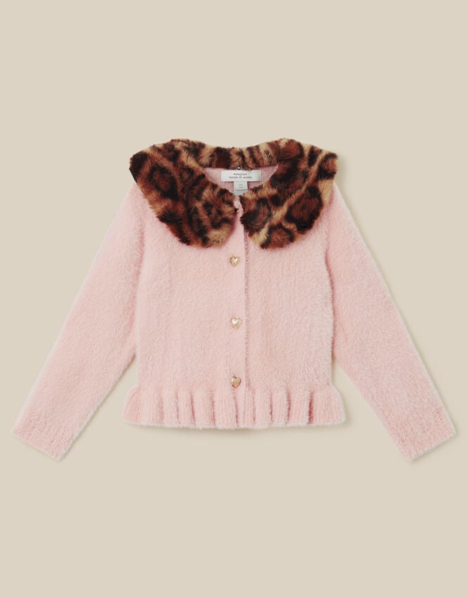Monsoon x Queens of Archive Francoise Leopard Print Faux Fur Collar Cardigan​, Pink (PINK), large