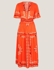 Lenora Flutter Sleeve Floral Midi Dress, Orange (CORAL), large