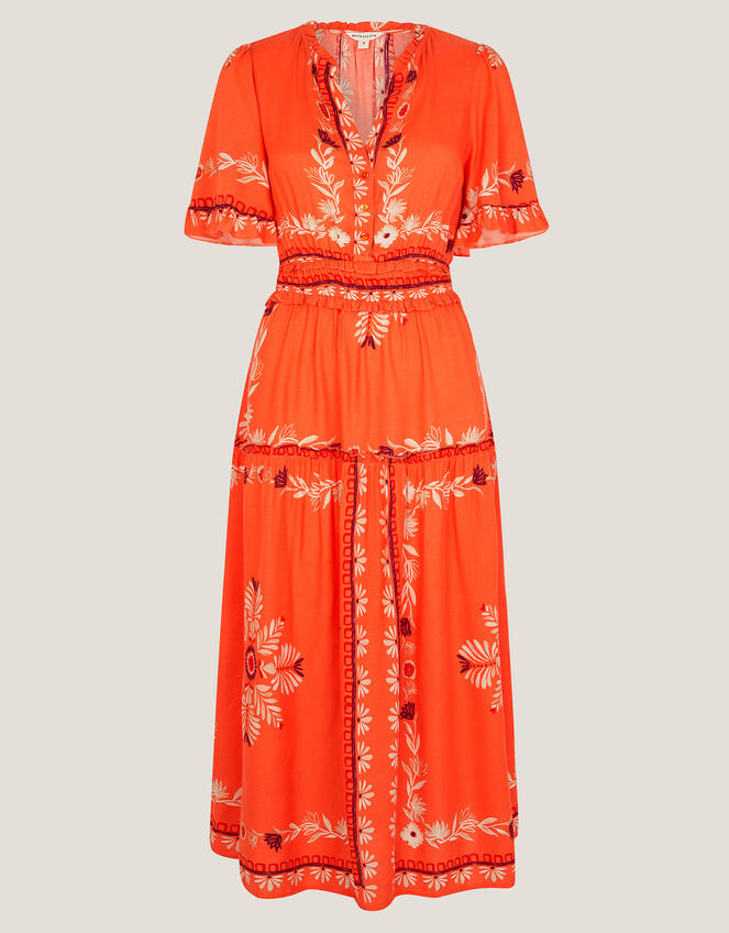 Lenora Flutter Sleeve Floral Midi Dress, Orange (CORAL), large