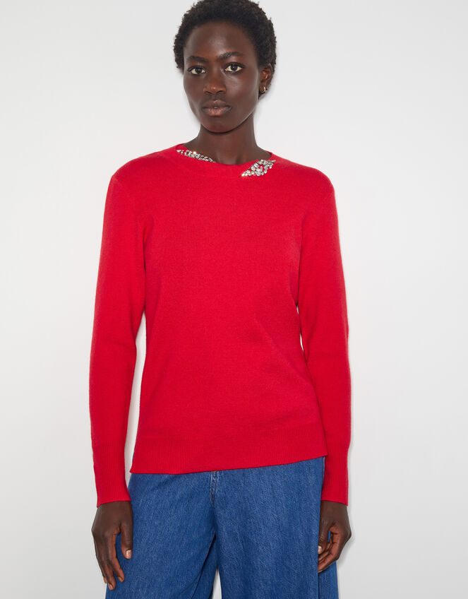 Eva Embellished Neck Jumper, Red (RED), large