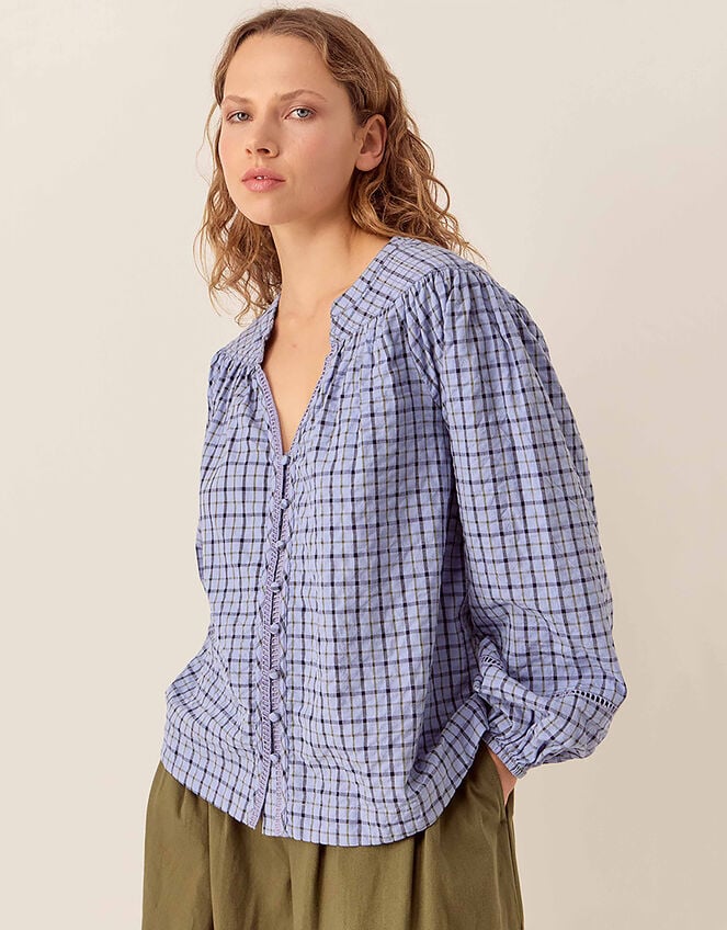 East Lilia Check Cotton Blouse, Blue (BLUE), large