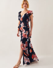 Carrie Floral Ruffle Chiffon Maxi Dress, Black (BLACK), large