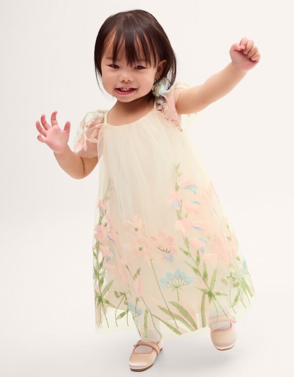 Baby Bryony Floral Embroidered Party Dress, White (WARM IVORY), large