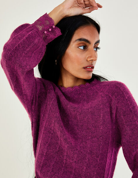 Lace Trim Jumper with Recycled Polyester, Pink (MAGENTA), large
