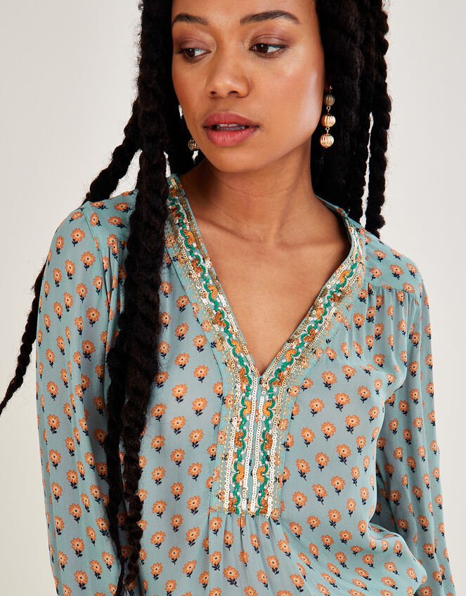 Emery Embellished Trim Blouse in Sustainable Viscose, Blue (TURQUOISE), large