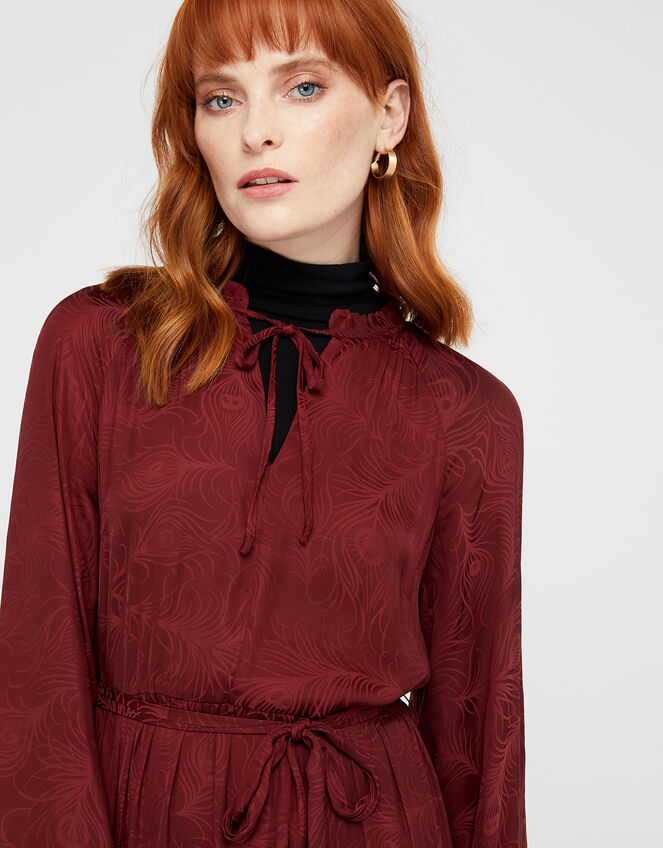 Faye Palm Print Satin Midi Dress, Red (BERRY), large