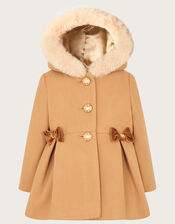Baby Bow Faux Fur Hooded Coat, Camel (CAMEL), large