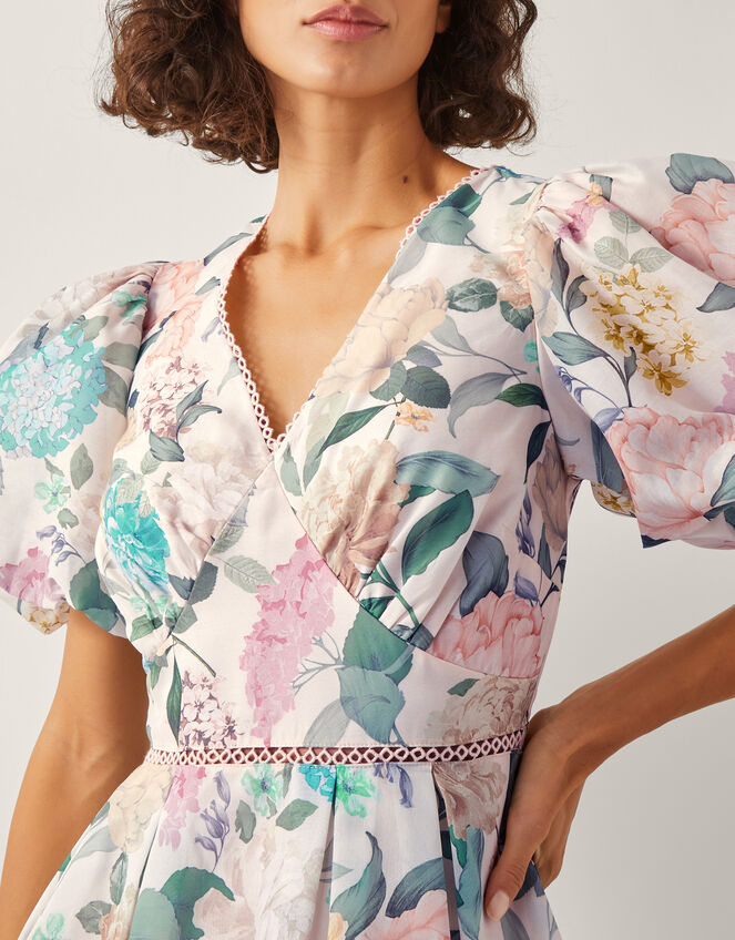 Agnes Floral Puff Sleeve Midi Dress, Pink (PALE PINK), large