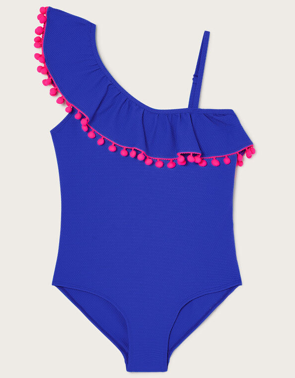 One-Shoulder Pom-Pom Swimsuit, Blue (BLUE), large