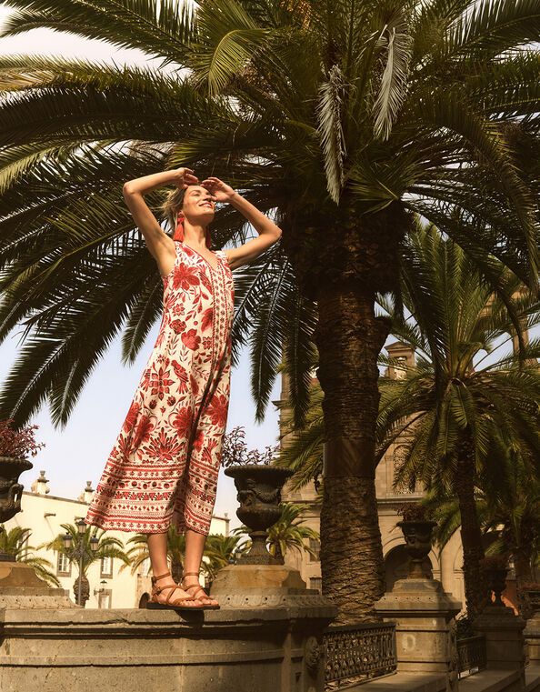Print Midi Dress in Linen Blend, Red (RED), large