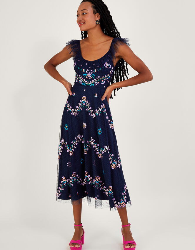 Fiorella Frill Strap Embroidered Dress, Blue (NAVY), large