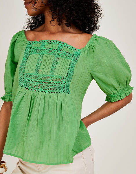 Lace Dobby Bardot Top in Sustainable Cotton Green, Green (GREEN), large