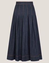 Darcie Pleated Denim Midi Skirt, Blue (INDIGO), large
