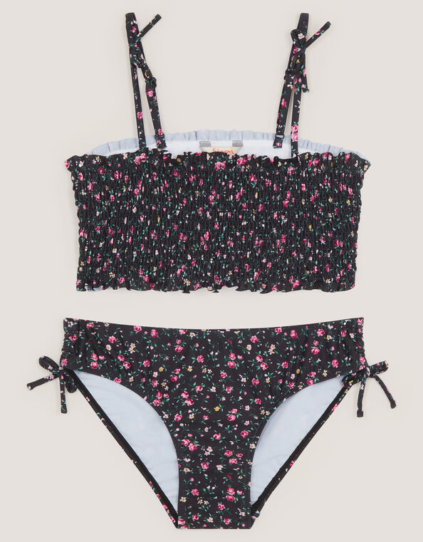 Ditsy Floral Smocked Bikini Set, Black (BLACK), large
