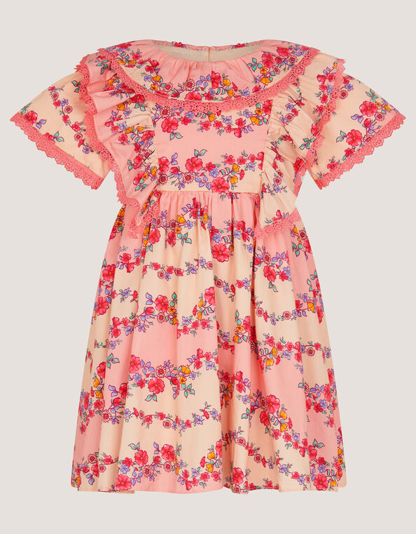 Baby Floral Lace Trim Frill Dress, Pink (PINK), large