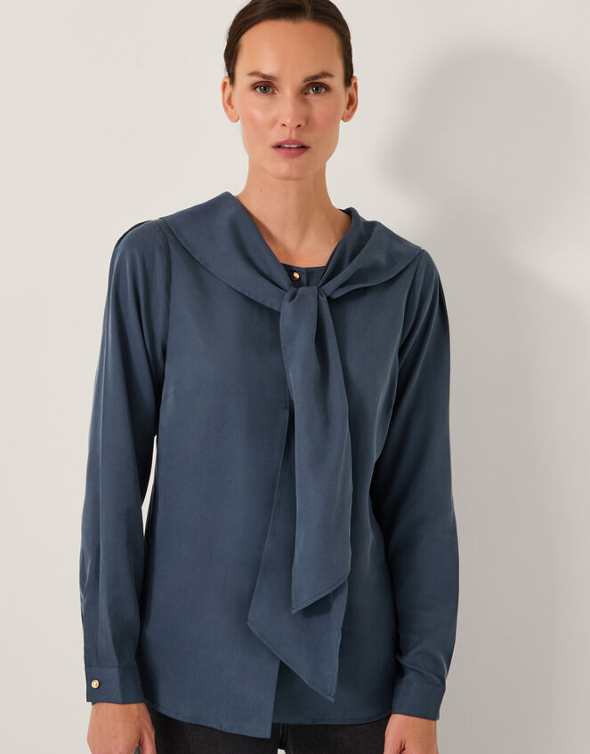 Drew Tie-Neck Blouse, Blue (BLUE), large