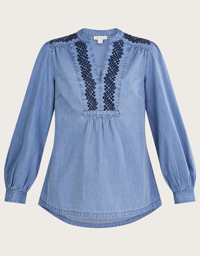 Denim Embroidered Long Sleeve Top, Blue (DENIM BLUE), large