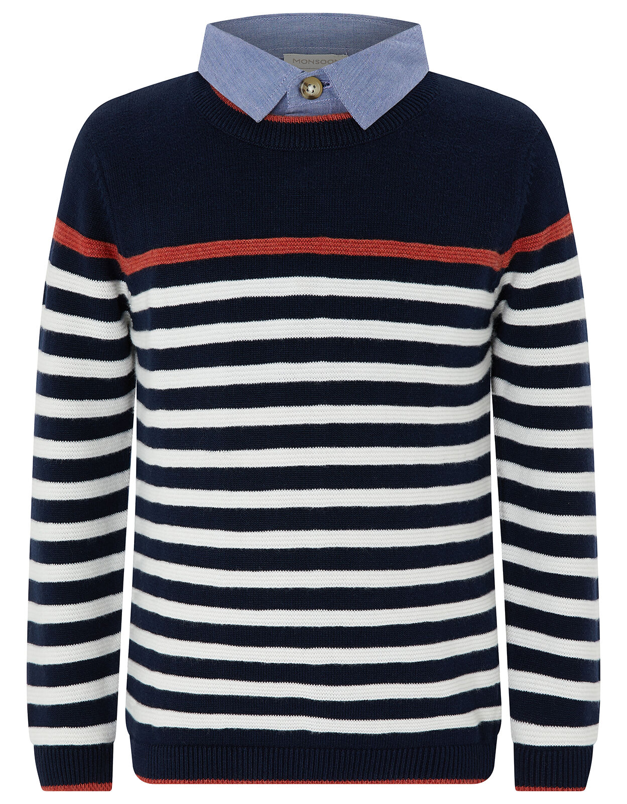 Peter Striped Jumper with Faux Shirt Collar Blue Boys Jumpers Cardigans Monsoon Global