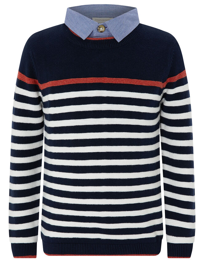 Peter Striped Jumper with Faux Shirt Collar, Blue (NAVY), large