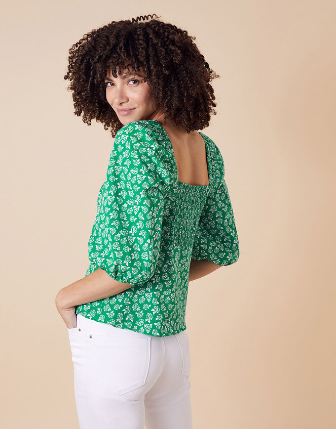 Rose Print Balloon Sleeve Top in Organic Cotton, Green (GREEN), large