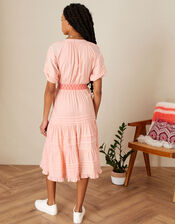 Short Sleeve Plain Dress with Embroidered Belt, Orange (PEACH), large