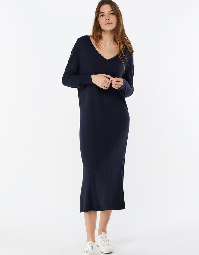 Lexi V Neck Longline Dress in Wool Blend, Blue (NAVY), large