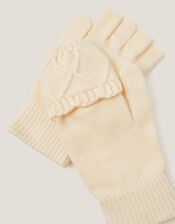 Diamond Fingerless Gloves with Mittens, Ivory (IVORY), large