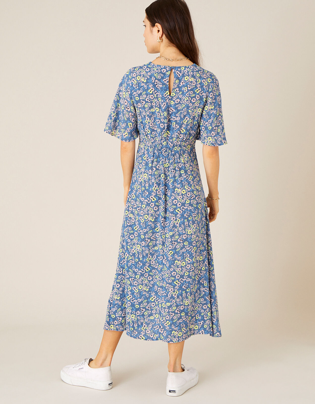Blue floral print midi dress clearance