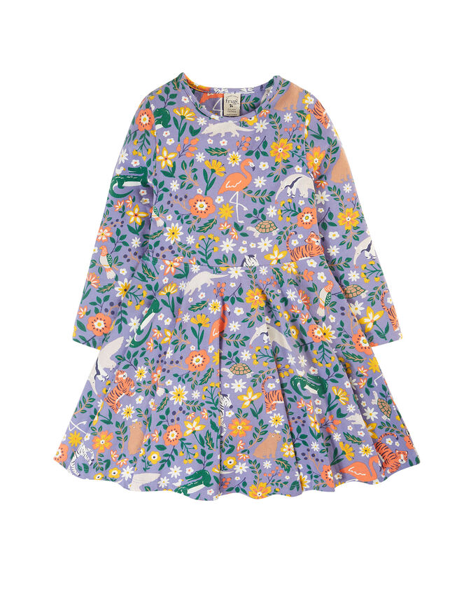 Frugi Rainforest Friends Print Skater Dress, Purple (PURPLE), large