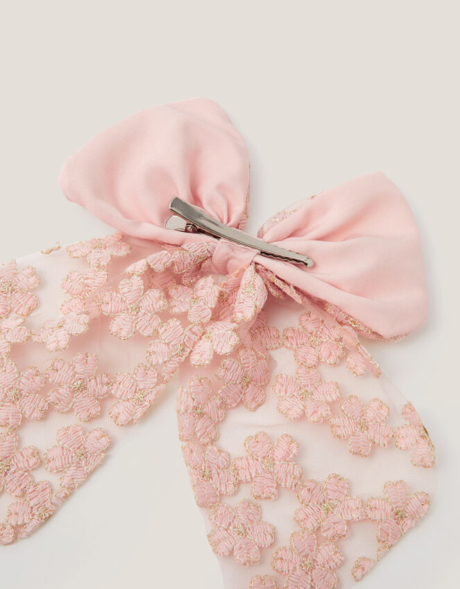 Floral Embroidered Bow Hair Clip, , large
