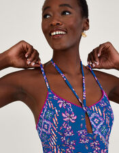 Floral Print Strap Multi Strap Swimsuit with Recycled Polyester, Blue (COBALT), large