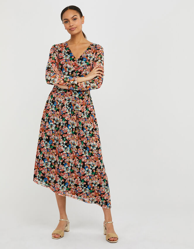 Flore Floral Mesh Asymmetric Hem Dress, Multi (MULTI), large