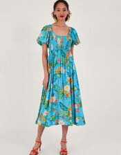 Limella Floral Print Shirred Dress in Sustainable Viscose, Blue (BLUE), large