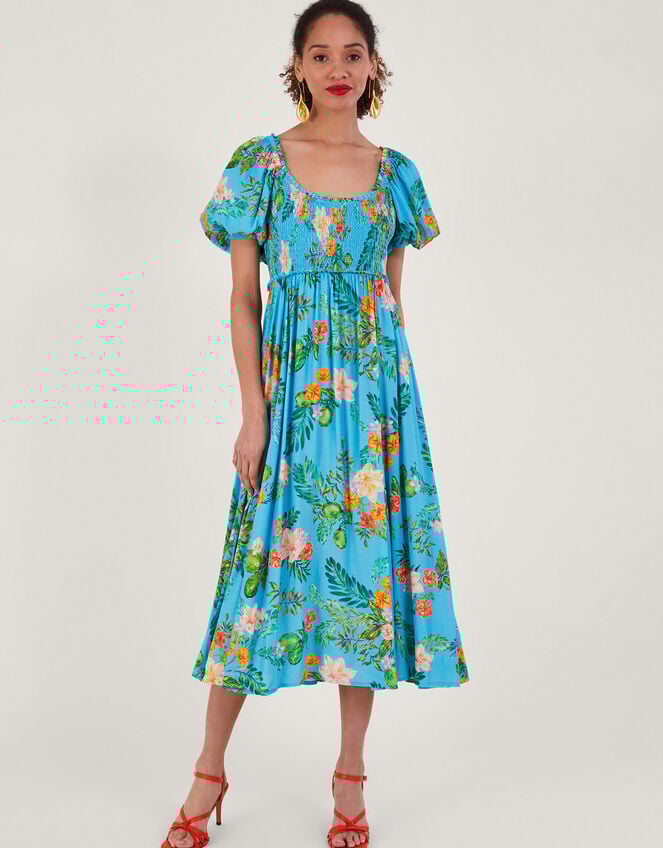 Limella Floral Print Shirred Dress in Sustainable Viscose, Blue (BLUE), large