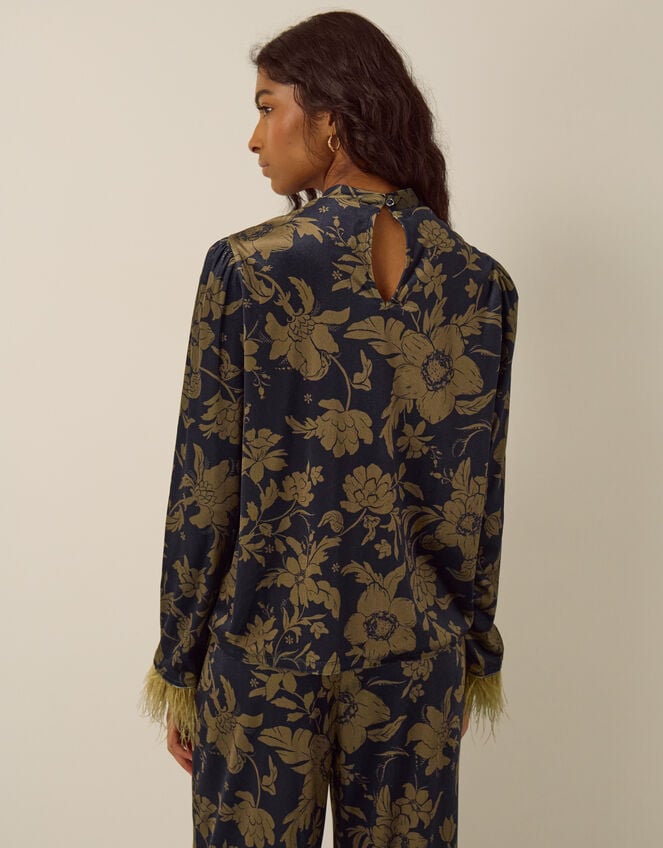 Princella Feather Sleeve Floral Velvet Top, Blue (NAVY), large