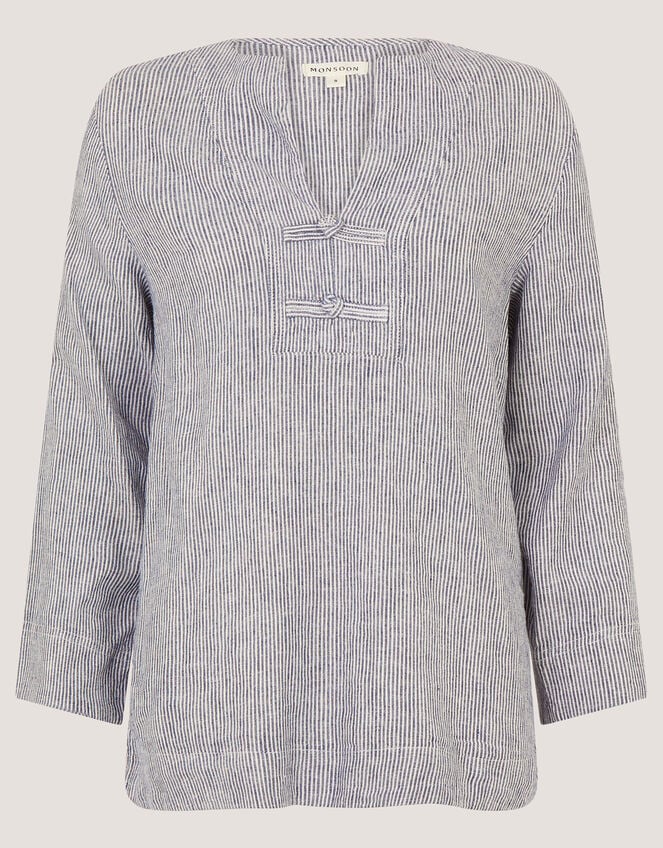 Alexis Stripe Linen-Blend Top, Blue (NAVY), large