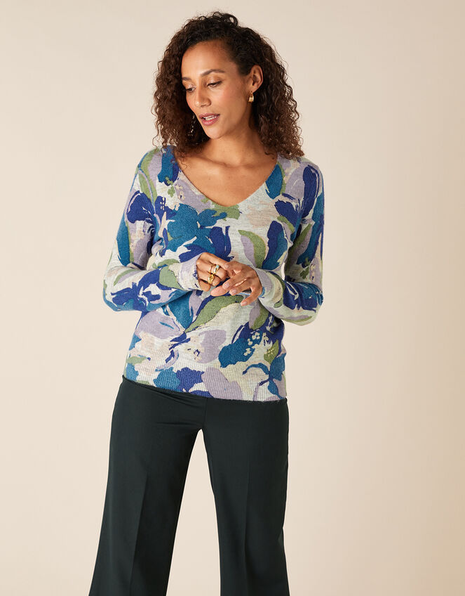 Floral V-Neck Jumper, Grey (GREY), large