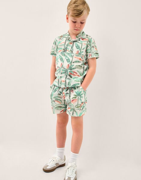 Palm Print Cotton Shirt & Shorts Set, Ivory (IVORY), large