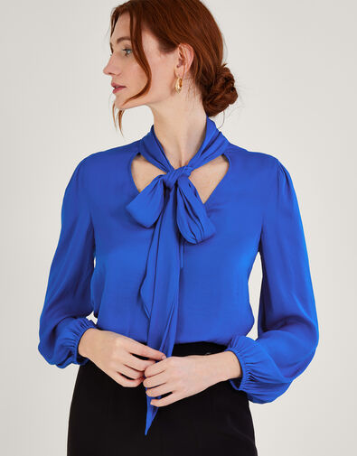 Katie Satin Pussybow Blouse with Recycled Polyester Blue, Blue (COBALT), large