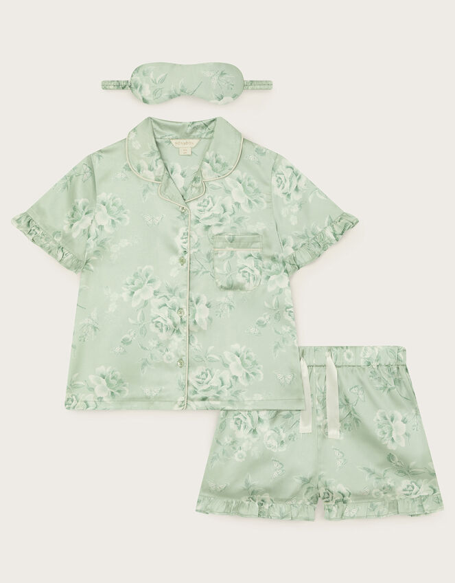 Satin Roses Short Pyjama and Mask Set, Green (GREEN), large
