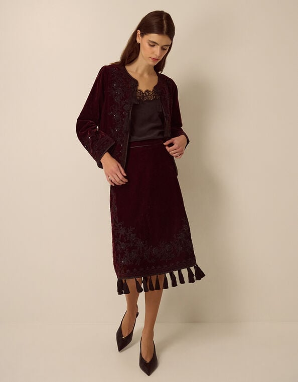 Mila Embellished Velvet Knee Length Skirt, Red (BURGUNDY), large