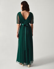 Ellie Sheer Sleeve Plunge Tulle Maxi Dress, Green (DARK GREEN), large
